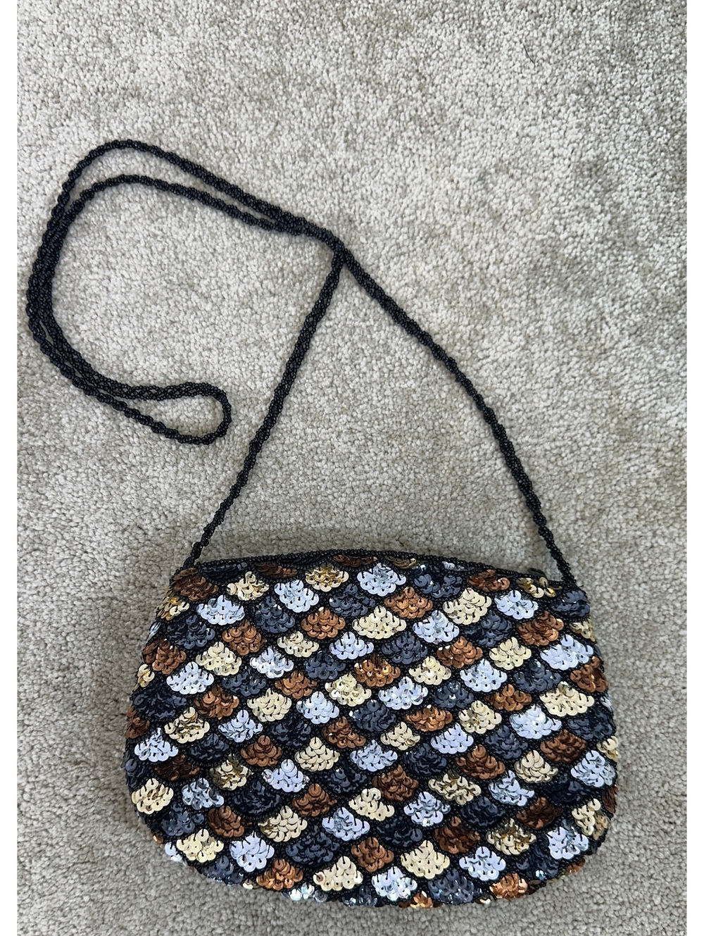 Carla Marchi Sequined Evening Bag Beaded Shoulder Strap 8x6” Cocktail Purse